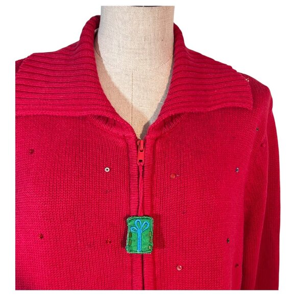 Tiara International Christmas Collection Red Reindeer Sweater Women Size L Zip - Picture 2 of 10